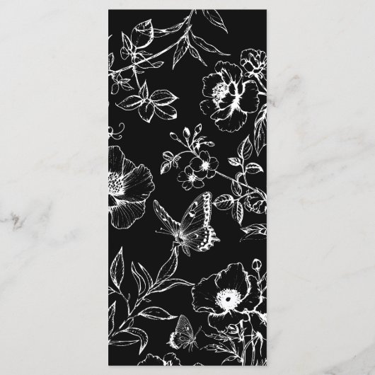 Elegante zwart-witte bloemen bruiloft platte menu (Achterkant)