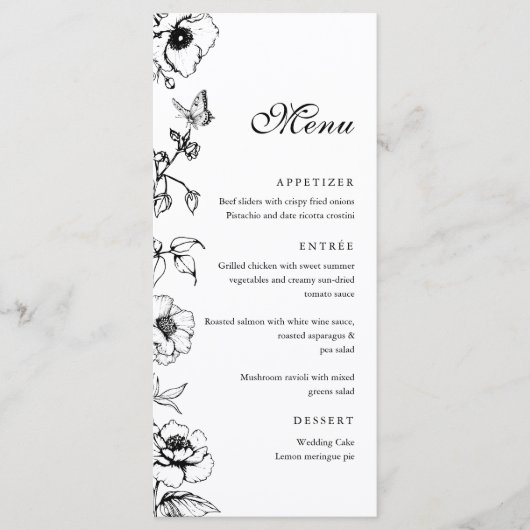 Elegante zwart-witte bloemen bruiloft platte menu (Voorkant)