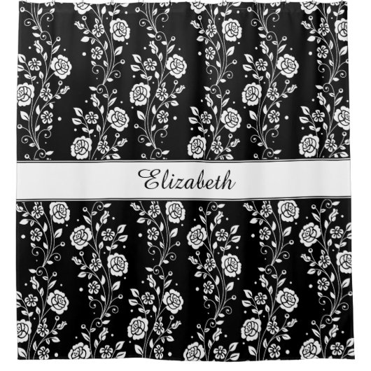 Elegante zwart-witte bloemen douchegordijn (Voorkant)
