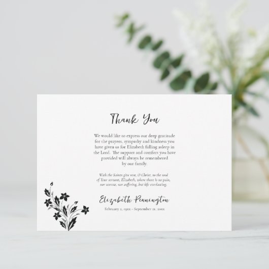 Elegante zwart-witte bloemen orthodoxe begrafenis bedankkaart (Staand voorkant)