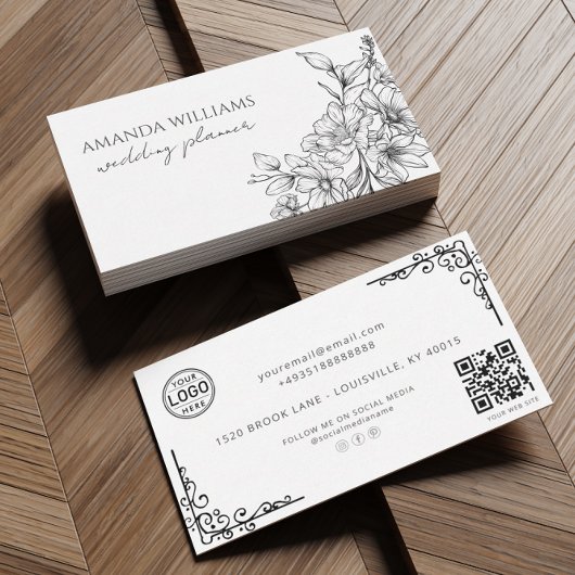 Elegante zwart-witte bloemen QR-code Visitekaartje