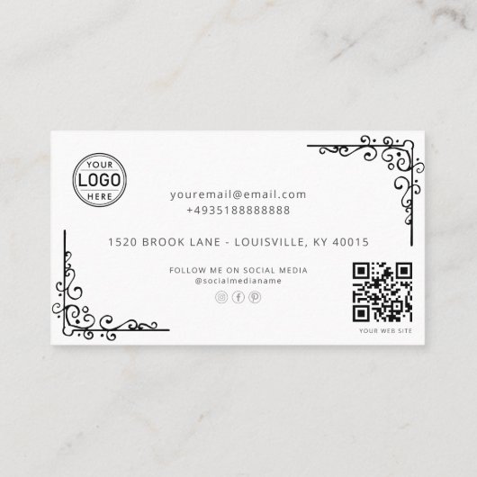 Elegante zwart-witte bloemen QR-code Visitekaartje (Achterkant)