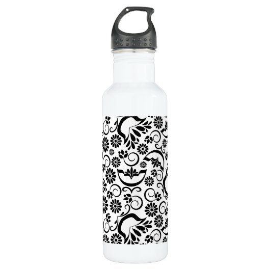 Elegante zwart witte bloemen waterfles  (Voorkant)