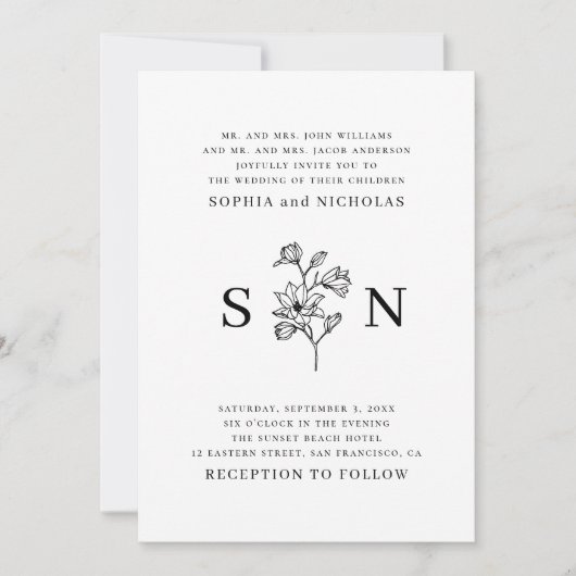 Elegante zwart-witte bloemenbruiloft | minimalisti kaart (Voorkant)