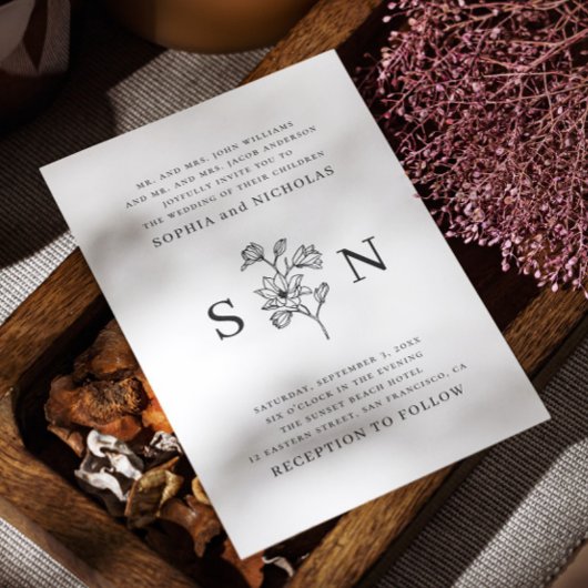 Elegante zwart-witte bloemenbruiloft | minimalisti kaart