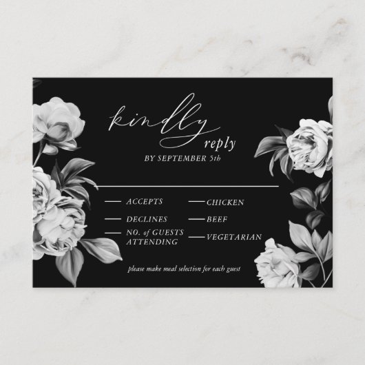 Elegante zwart-witte bloemenbruiloft RSVP Informatiekaartje (Voorkant)