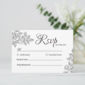 Elegante zwart-witte bloemenbruiloft RSVP-Kaart RSVP Kaartje (Staand voorkant)