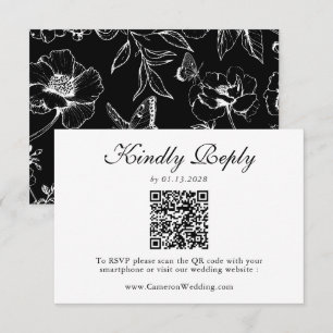 Elegante Zwart Witte Bloemencode QR Code Huwelijks RSVP Kaartje