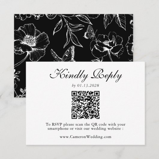 Elegante Zwart Witte Bloemencode QR Code Huwelijks RSVP Kaartje (Voorkant / Achterkant)