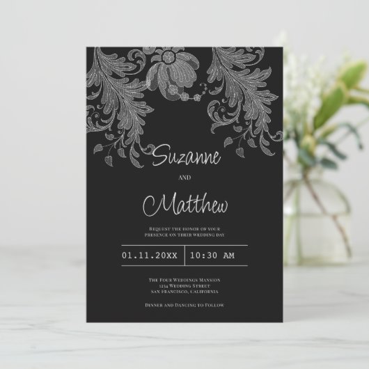Elegante zwart-witte bloemenkant bruiloft kaart (Staand voorkant)