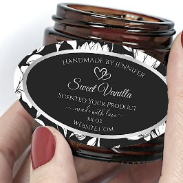Elegante zwart-witte bloemenproductetiketten ovale sticker
