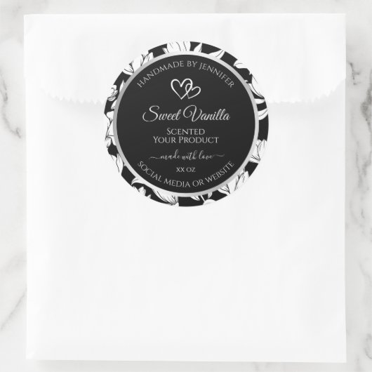 Elegante zwart-witte bloemenproductetiketten ronde sticker (Tas)