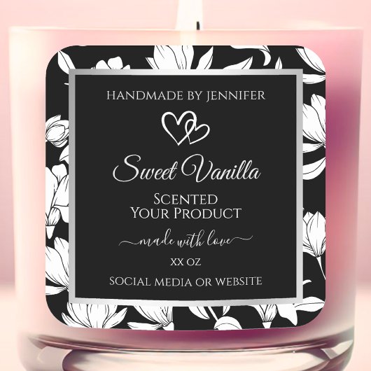 Elegante zwart-witte bloemenproductetiketten vierkante sticker