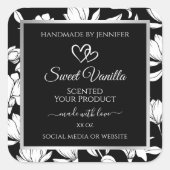 Elegante zwart-witte bloemenproductetiketten vierkante sticker (Voorkant)