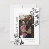 Elegante Zwart&Witte Bloemfoto Save The Date (Voorkant)