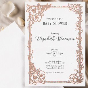 Elegante Zwart Witte Bloemige Baby Shower Roze Gou Folie Uitnodiging