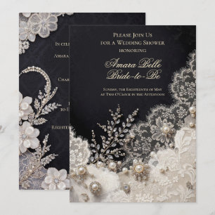 Elegante Zwart Witte Bloemige Bruiloft Uitnodiging
