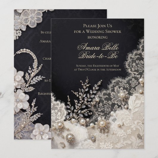 Elegante Zwart Witte Bloemige Bruiloft Uitnodiging (Voorkant / Achterkant)