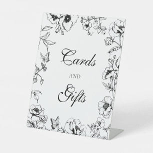 Elegante Zwart Witte Bloemige Trouwkaarten Cadeaus Reclamebord Met Voetstuk