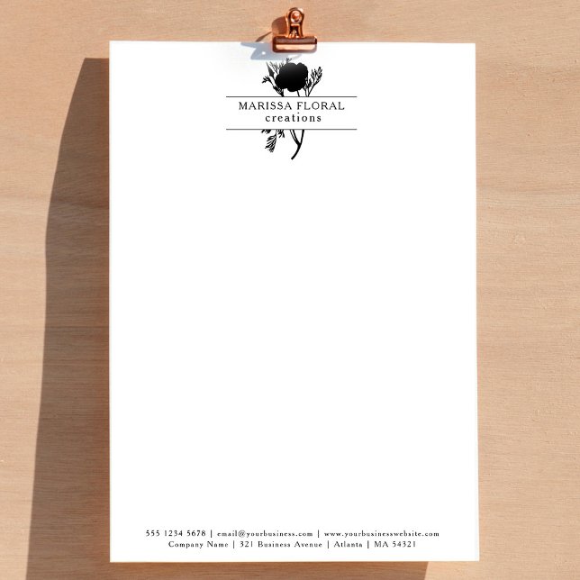 Elegante zwart witte bloemist botanische bloemenwi briefhoofd (Elegant Black White Florist Botanical Flower Shop Letterhead)