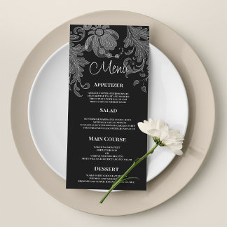 Elegante zwart-witte bloemrijke kanten trouwmenu programmakaart