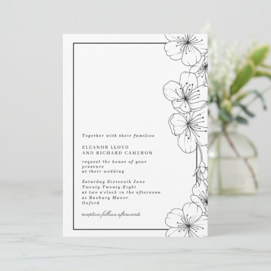 Elegante zwart-witte bloesem bloemenbruiloft kaart (Staand voorkant)