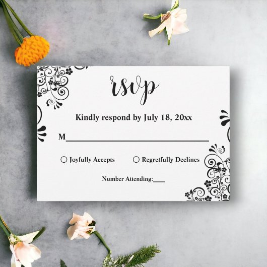 Elegante Zwart-Witte Boho Sierlijke Bloemige Bruil RSVP Kaartje