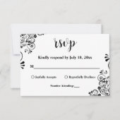 Elegante Zwart-Witte Boho Sierlijke Bloemige Bruil RSVP Kaartje (Voorkant)