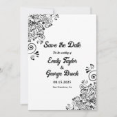 Elegante Zwart-Witte Boho Versierde Bloemige Bruil Save The Date (Voorkant)