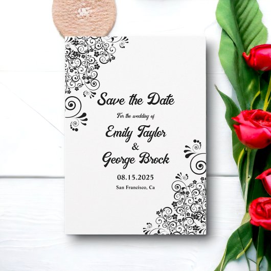 Elegante Zwart-Witte Boho Versierde Bloemige Bruil Save The Date