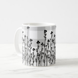 Elegante zwart witte doodle bloemengrijs gingham koffiemok