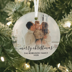 Elegante zwart witte familie foto Vrolijk kerstfee Glas Ornament