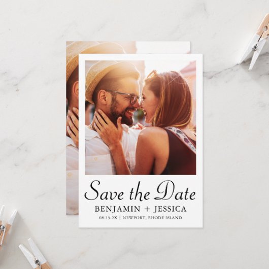 Elegante Zwart Witte Foto Bruiloft Save the Date (Voorkant / Achterkant in situ)