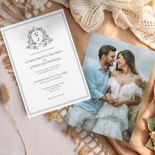 Elegante Zwart Witte Foto Monogram Wapen Huwelijk  Kaart