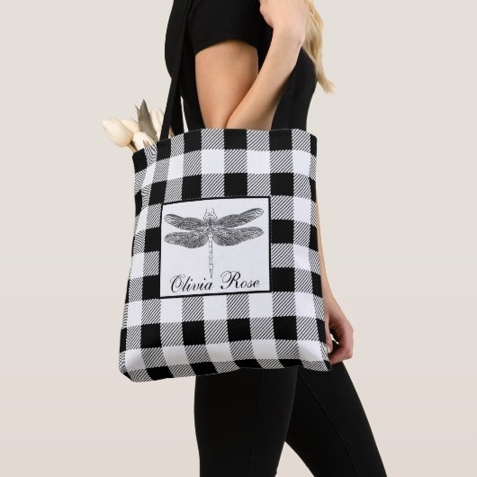 Elegante zwart witte gingham libel tote bag (Dichtbij)