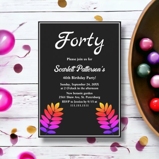 Elegante zwart-witte gloed bladeren 40e verjaardag kaart