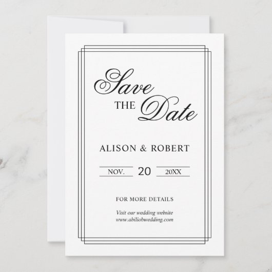 Elegante zwart-witte grens Oud Geld bruiloft Save The Date (Voorkant)