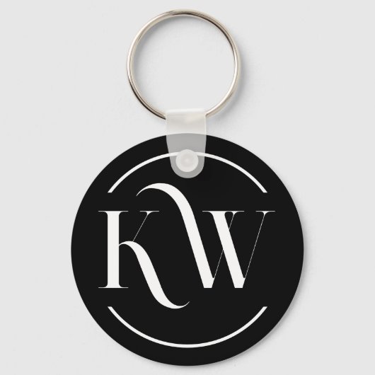 Elegante zwart-witte Initialen Button Sleutelhanger (Voorkant)