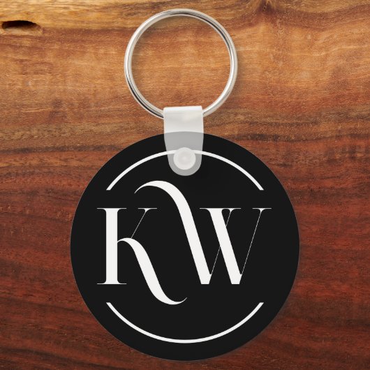 Elegante zwart-witte Initialen Button Sleutelhanger (Voorkant)