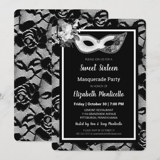 Elegante zwart/witte kant Sweet 16 Masquerade Part Kaart (Voorkant / Achterkant)