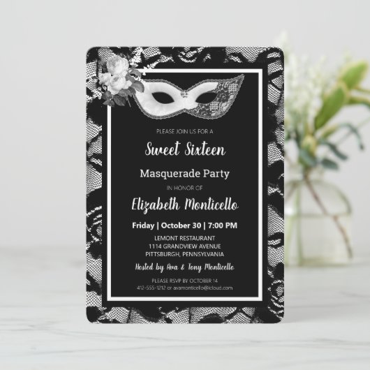Elegante zwart/witte kant Sweet 16 Masquerade Part Kaart (Staand voorkant)