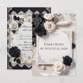 Elegante Zwart Witte Kanten Trouw RSVP Kaart