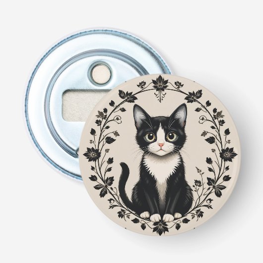 Elegante zwart-witte kat button flesopener (Voorkant)