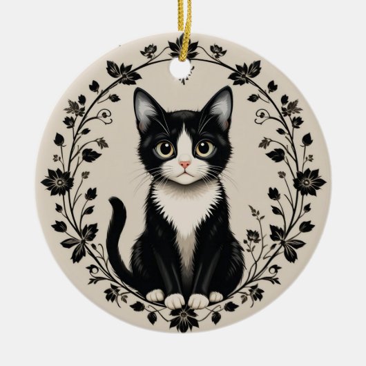 Elegante zwart-witte kat keramisch ornament (Voorkant)