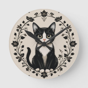 Elegante zwart-witte kat ronde klok