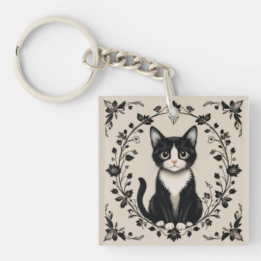 Elegante Zwart-Witte Kat Sleutelhanger (voorkant)