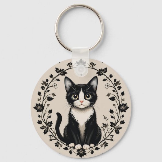 Elegante zwart-witte kat sleutelhanger (Voorkant)