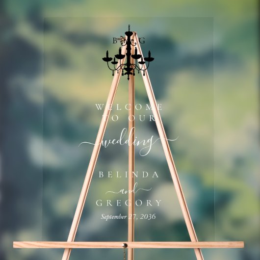 Elegante zwart witte kroonluchter monogram bruilof acryl bord (Neutraal)