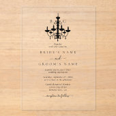 Elegante zwart witte kroonluchter monogram bruilof acryl uitnodigingen (Voorkant)