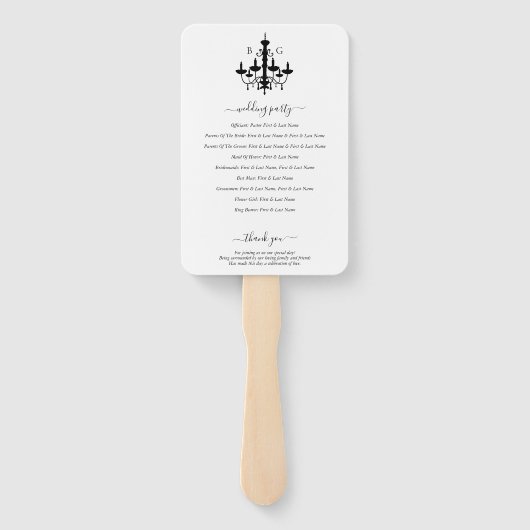 Elegante zwart witte kroonluchter monogram bruilof handwaaier (Achterkant)